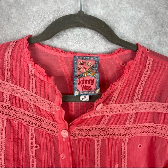 Johnny Was Helia Button-Down Long Sleeve Blouse In Passion Fruit Coral Size XS - Picture 2 of 9